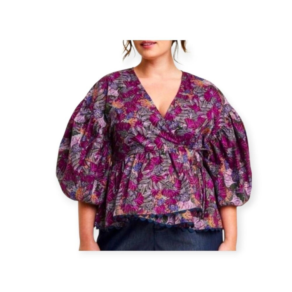 Kika Vargas Scallop Edge Cotton Wrap Blouse Purple Floral Medium Target Collab